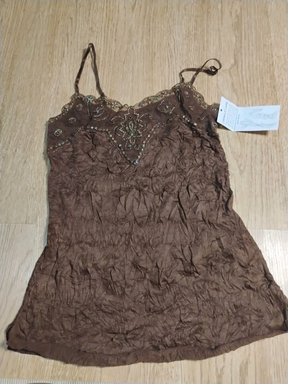 WEAVERS Girl Small Brown Crinkle Cami Tank Top Adjustable Strap Beaded